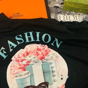 Black Fashion Graphic Tee with Pink and Blue Accents and crystals! 🩵 🩷